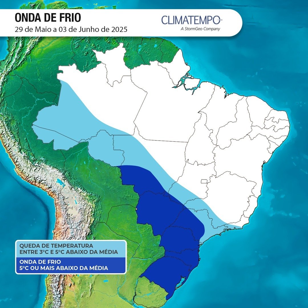 Áreas de impacto no Brasil da onda de frio entre 29 de maio a 3 de junho de 2025 (Fonte: Climatempo)